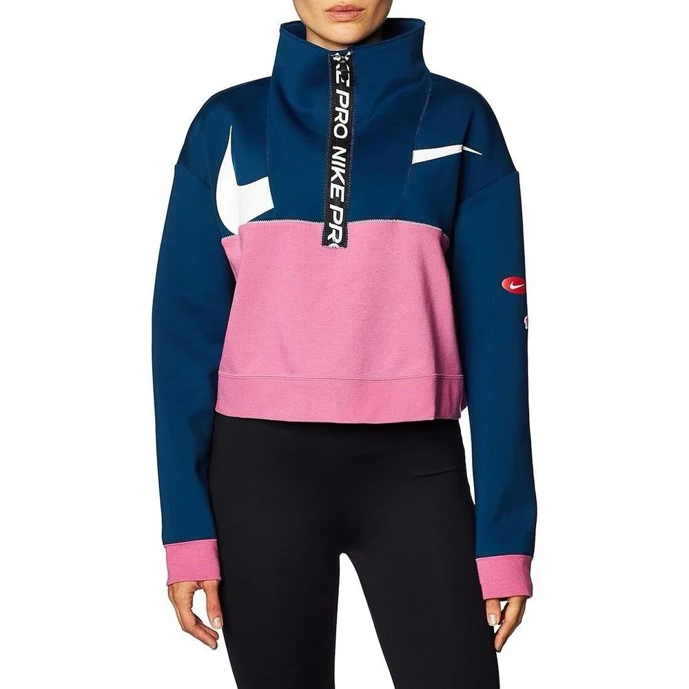 NIKE Pro Dri-FIT Women's 1/2-Zip Training Pullover Size XS Cropped Blue Pink